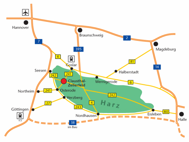 Karte mit verschiedenen Routen, die nach Clausthal-Zellerfeld führen